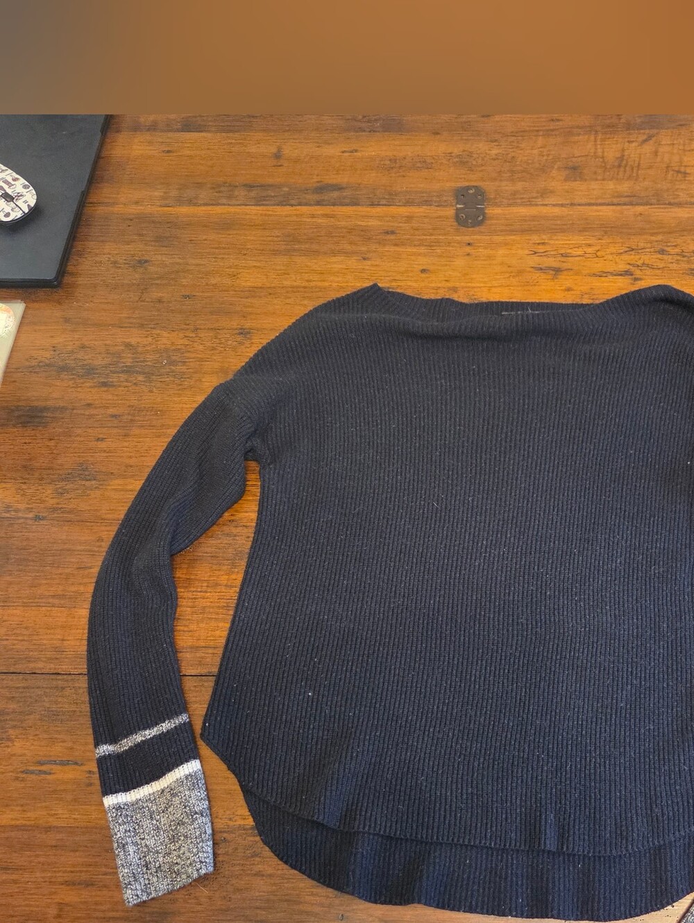 Express Black Ribbed Crewneck Sweater with Marled Gray Cuffs